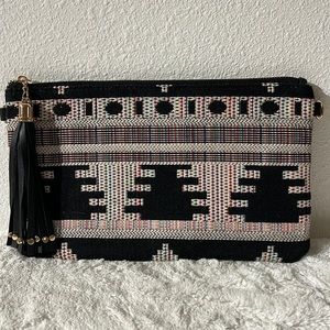 Vintage multicolor threaded slim clutch bag with gold chain strap
